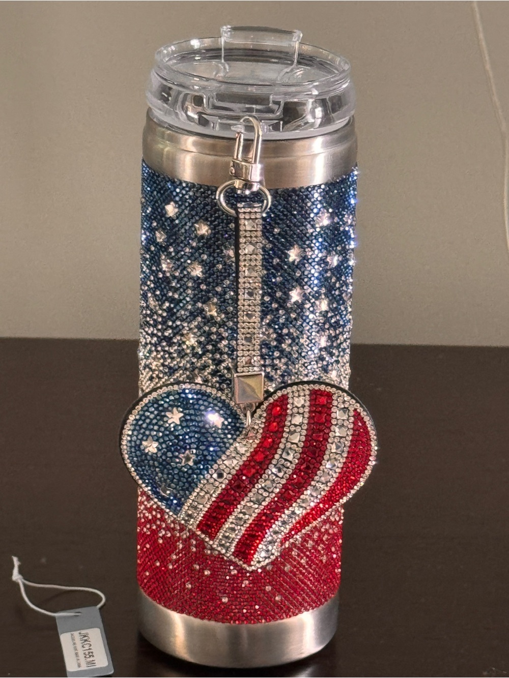 Patriotic Blue & Red Jeweled Stainless Tumbler with Heart Charm